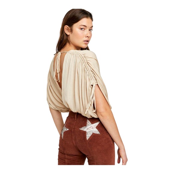 FREE PEOPLE Rachel Silky Top Ivory V-Neck Slinky Jersey Cropped Medium NWOT - Picture 5 of 13